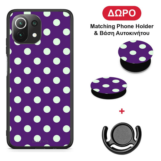 Mint Polka Dots on Purple - Xiaomi 11 Lite 5G NE / Mi 11 Lite θήκη + Δώρο Phone Holder & Βάση Αυτοκινήτου