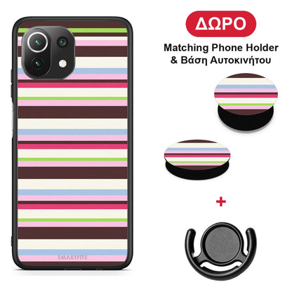 Multicolour Horizontal Stripes - Xiaomi 11 Lite 5G NE / Mi 11 Lite θήκη + Δώρο Phone Holder & Βάση Αυτοκινήτου
