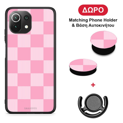 Pink and White Striped Checks - Xiaomi 11 Lite 5G NE / Mi 11 Lite θήκη + Δώρο Phone Holder & Βάση Αυτοκινήτου