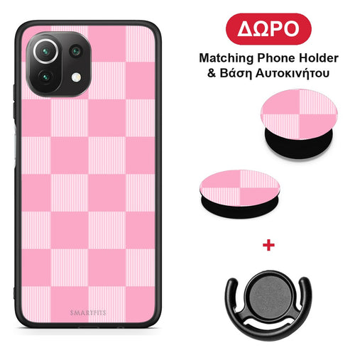 Pink and White Striped Checks - Xiaomi 11 Lite 5G NE / Mi 11 Lite θήκη + Δώρο Phone Holder & Βάση Αυτοκινήτου