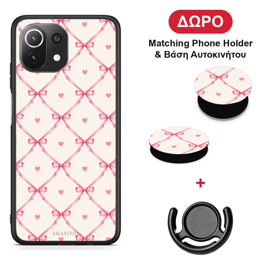 Pink Bow Lattice and Hearts on Cream - Xiaomi 11 Lite 5G NE / Mi 11 Lite θήκη + Δώρο Phone Holder & Βάση Αυτοκινήτου