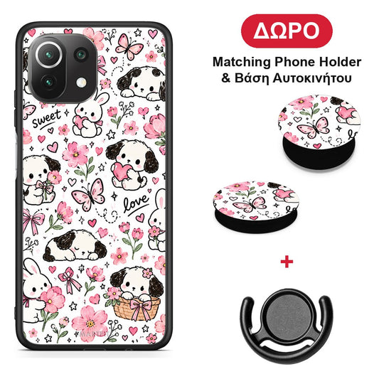 Pink Florals Puppies and Bunnies on White - Xiaomi 11 Lite 5G NE / Mi 11 Lite θήκη + Δώρο Phone Holder & Βάση Αυτοκινήτου