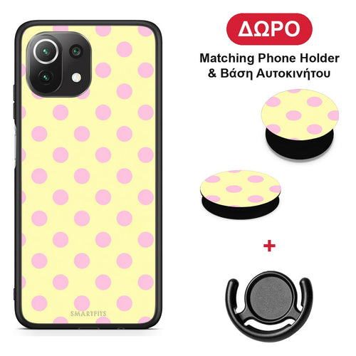 Pink Polka Dots on Yellow - Xiaomi 11 Lite 5G NE / Mi 11 Lite θήκη + Δώρο Phone Holder & Βάση Αυτοκινήτου
