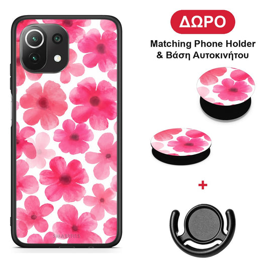 Pink Watercolour Flowers on White - Xiaomi 11 Lite 5G NE / Mi 11 Lite θήκη + Δώρο Phone Holder & Βάση Αυτοκινήτου