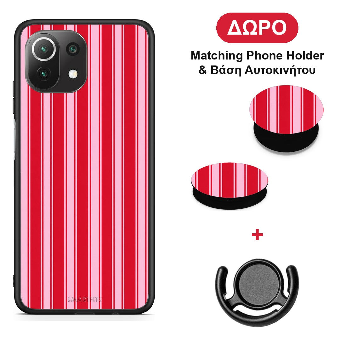 Red and Pink Vertical Pinstripes - Xiaomi 11 Lite 5G NE / Mi 11 Lite θήκη + Δώρο Phone Holder & Βάση Αυτοκινήτου