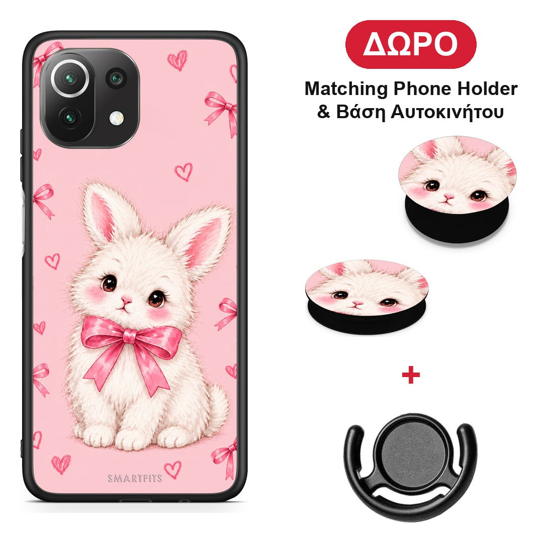 White Bunny and Pink Bows - Xiaomi 11 Lite 5G NE / Mi 11 Lite θήκη + Δώρο Phone Holder & Βάση Αυτοκινήτου