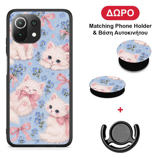 White Kittens and Blue Flowers Large - Xiaomi 11 Lite 5G NE / Mi 11 Lite θήκη + Δώρο Phone Holder & Βάση Αυτοκινήτου