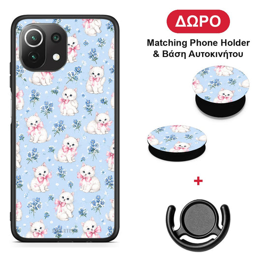 White Kittens and Blue Flowers Small - Xiaomi 11 Lite 5G NE / Mi 11 Lite θήκη + Δώρο Phone Holder & Βάση Αυτοκινήτου