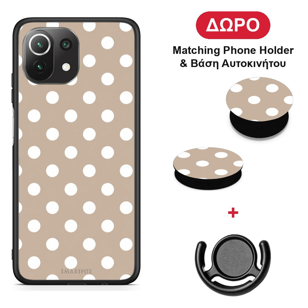 White Polka Dots on Taupe - Xiaomi 11 Lite 5G NE / Mi 11 Lite θήκη + Δώρο Phone Holder & Βάση Αυτοκινήτου