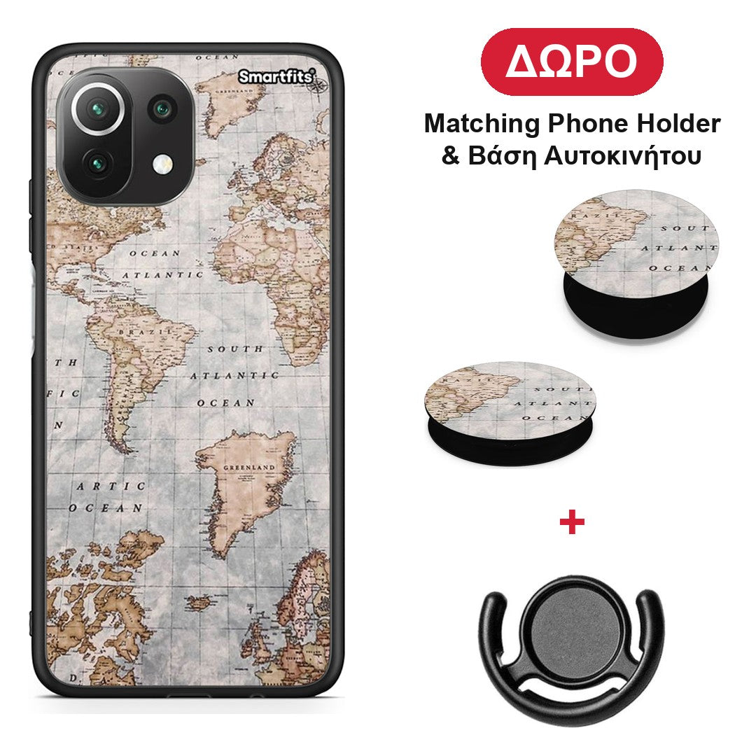 World Map - Xiaomi 11 Lite 5G NE / Mi 11 Lite θήκη + Δώρο Phone Holder & Βάση Αυτοκινήτου
