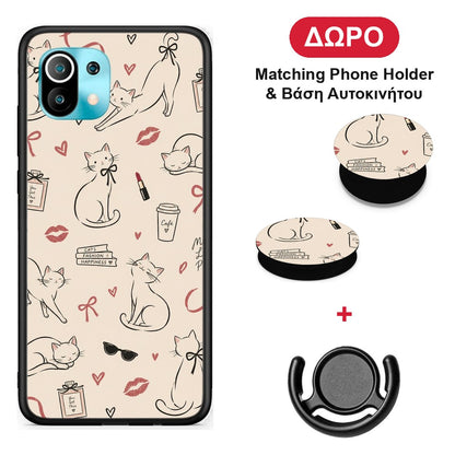 Minimal Cat and Fashion Doodles on Cream - Xiaomi Mi 11 / 11 Pro θήκη + Δώρο Phone Holder & Βάση Αυτοκινήτου