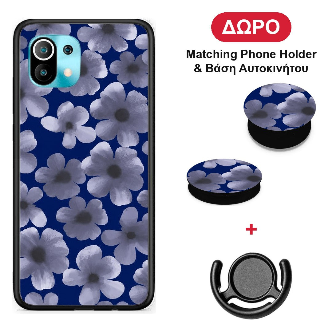 Pale Blue Flowers on Navy - Xiaomi Mi 11 / 11 Pro θήκη + Δώρο Phone Holder & Βάση Αυτοκινήτου