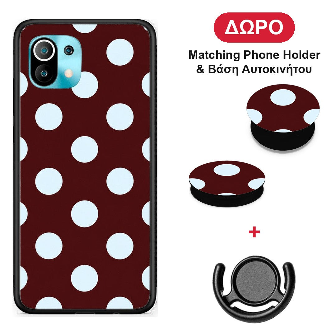 Pale Blue Large Polka Dots on Burgundy - Xiaomi Mi 11 / 11 Pro θήκη + Δώρο Phone Holder & Βάση Αυτοκινήτου