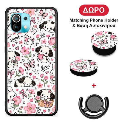 Pink Florals Puppies and Bunnies on White - Xiaomi Mi 11 / 11 Pro θήκη + Δώρο Phone Holder & Βάση Αυτοκινήτου