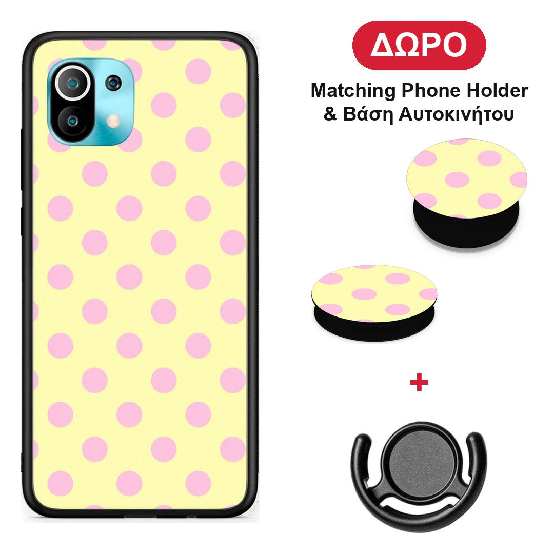 Pink Polka Dots on Yellow - Xiaomi Mi 11 / 11 Pro θήκη + Δώρο Phone Holder & Βάση Αυτοκινήτου