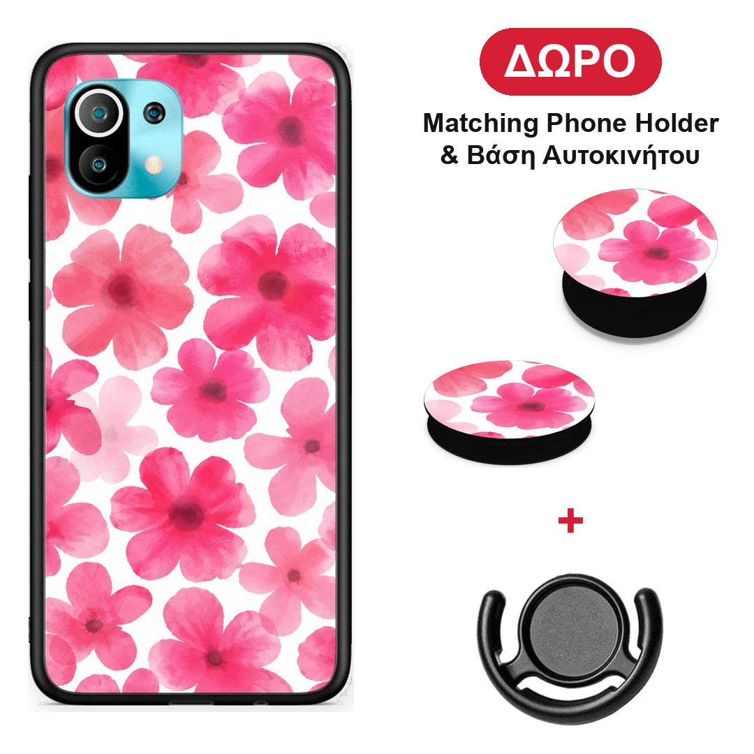 Pink Watercolour Flowers on White - Xiaomi Mi 11 / 11 Pro θήκη + Δώρο Phone Holder & Βάση Αυτοκινήτου