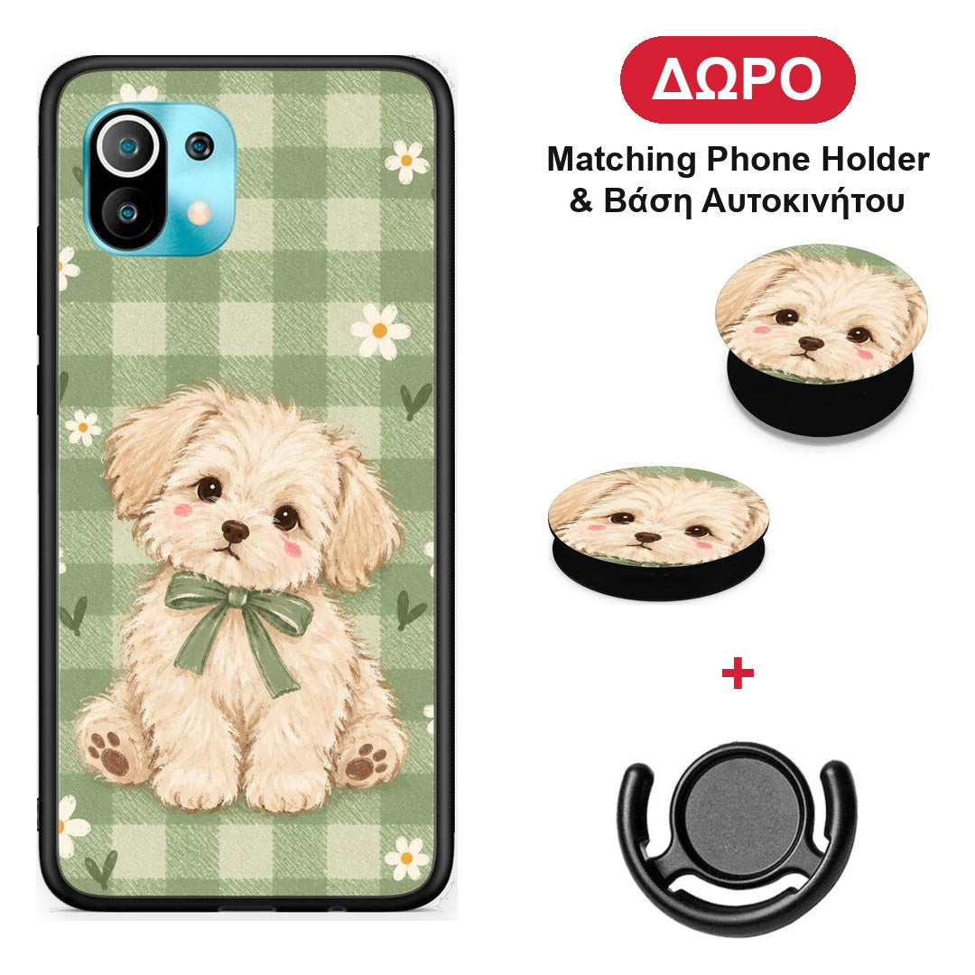 Puppy and Daisies on Sage Gingham - Xiaomi Mi 11 / 11 Pro θήκη + Δώρο Phone Holder & Βάση Αυτοκινήτου