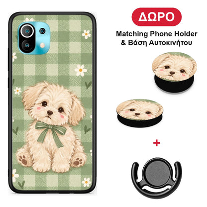 Puppy and Daisies on Sage Gingham - Xiaomi Mi 11 / 11 Pro θήκη + Δώρο Phone Holder & Βάση Αυτοκινήτου