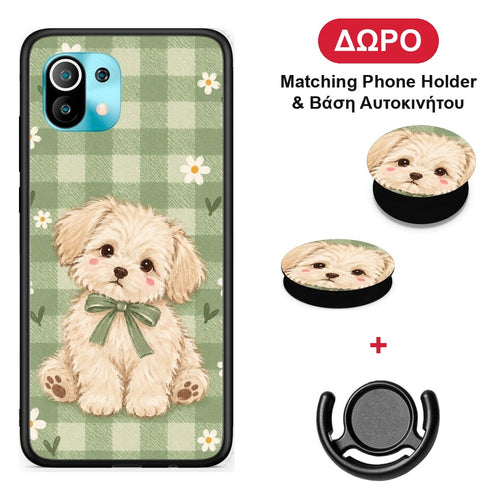 Puppy and Daisies on Sage Gingham - Xiaomi Mi 11 / 11 Pro θήκη + Δώρο Phone Holder & Βάση Αυτοκινήτου