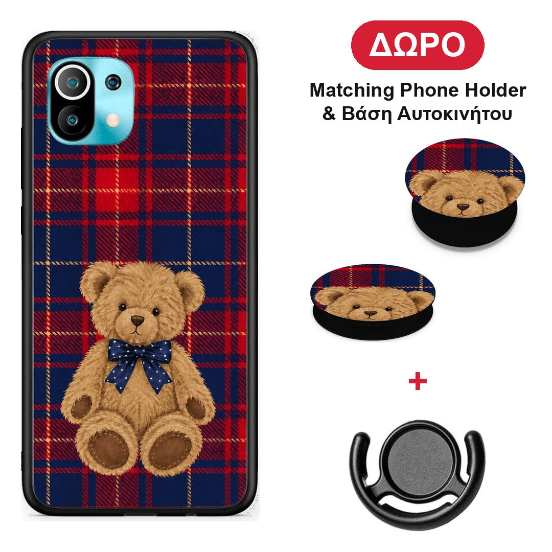 Teddy Bear on Red and Navy Tartan - Xiaomi Mi 11 / 11 Pro θήκη + Δώρο Phone Holder & Βάση Αυτοκινήτου