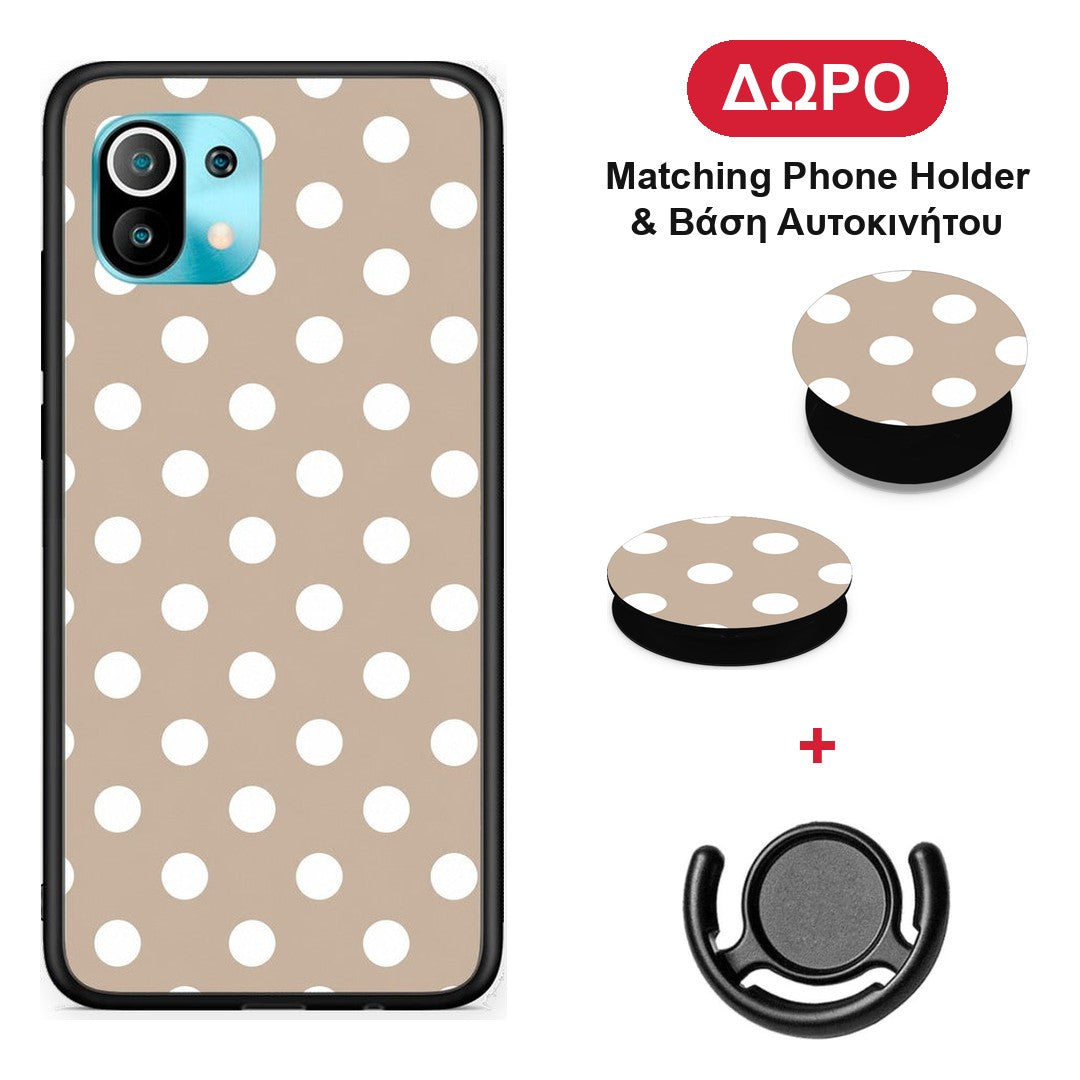 White Polka Dots on Taupe - Xiaomi Mi 11 / 11 Pro θήκη + Δώρο Phone Holder & Βάση Αυτοκινήτου