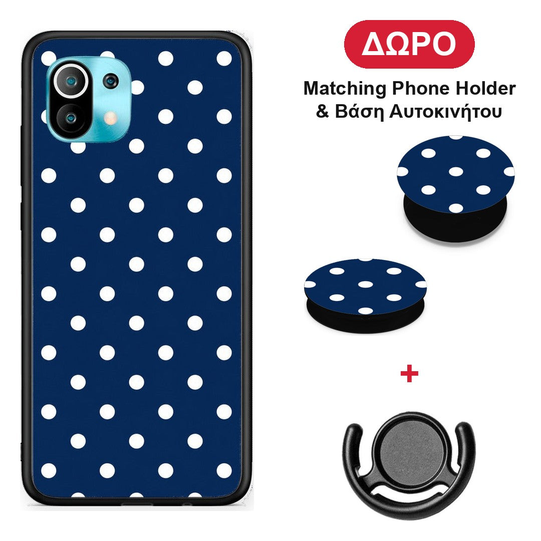 White Small Polka Dots on Navy - Xiaomi Mi 11 / 11 Pro θήκη + Δώρο Phone Holder & Βάση Αυτοκινήτου