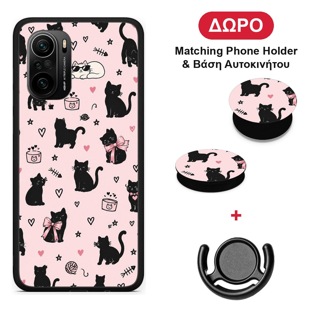 Black Cat Doodles on Pink - Xiaomi Mi 11i θήκη + Δώρο Phone Holder & Βάση Αυτοκινήτου