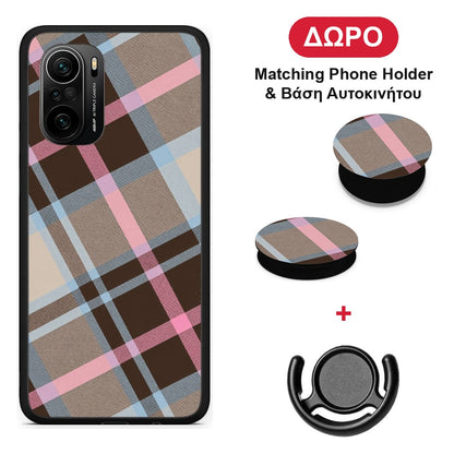 Brown Pink and Blue Diagonal Plaid - Xiaomi Mi 11i θήκη + Δώρο Phone Holder & Βάση Αυτοκινήτου