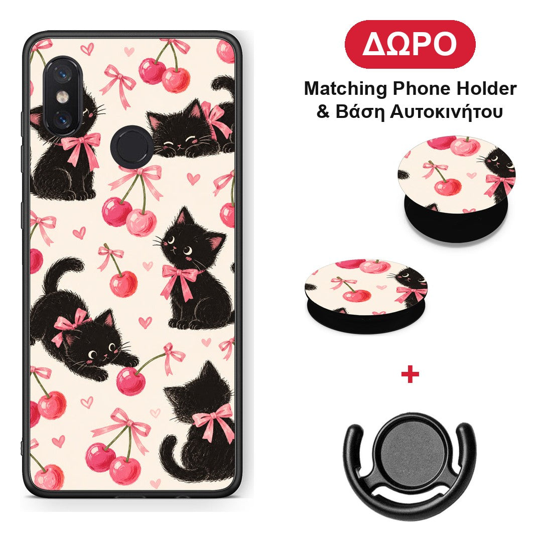 Black Kittens and Cherries on Cream - Xiaomi Mi 8 θήκη + Δώρο Phone Holder & Βάση Αυτοκινήτου