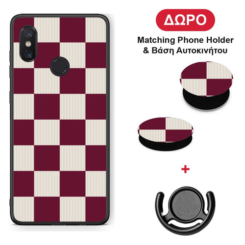 Burgundy and Cream Striped Checks - Xiaomi Mi 8 θήκη + Δώρο Phone Holder & Βάση Αυτοκινήτου