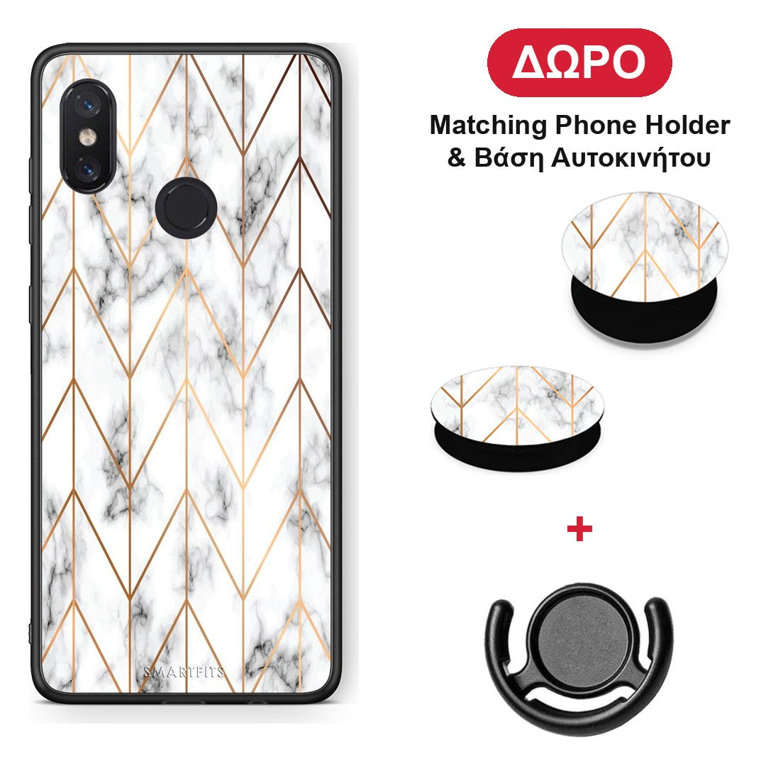 Marble Gold Geometric - Xiaomi Mi 8 θήκη + Δώρο Phone Holder & Βάση Αυτοκινήτου