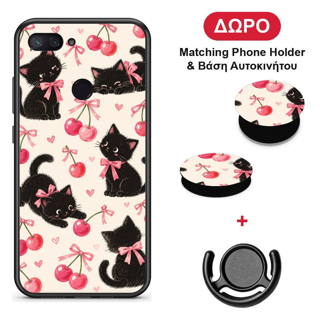 Black Kittens and Cherries on Cream - Xiaomi Mi 8 Lite θήκη + Δώρο Phone Holder & Βάση Αυτοκινήτου