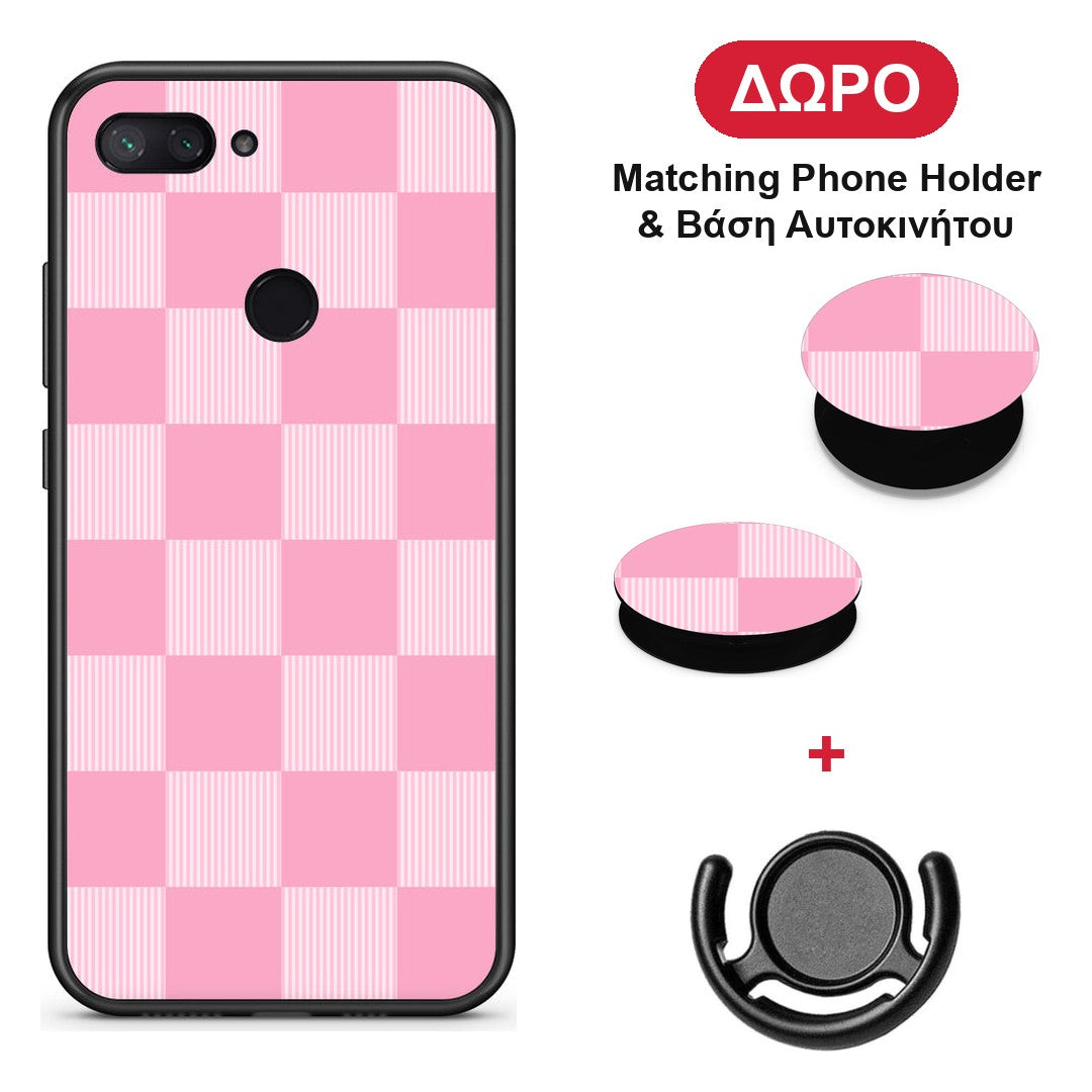 Pink and White Striped Checks - Xiaomi Mi 8 Lite θήκη + Δώρο Phone Holder & Βάση Αυτοκινήτου