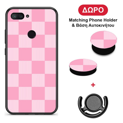 Pink and White Striped Checks - Xiaomi Mi 8 Lite θήκη + Δώρο Phone Holder & Βάση Αυτοκινήτου