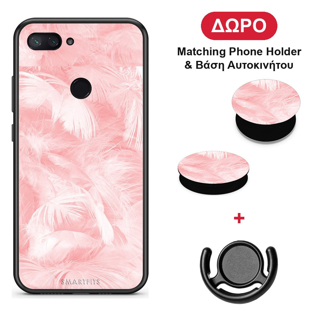 Boho Pink Feather - Xiaomi Mi 8 Lite θήκη + Δώρο Phone Holder & Βάση Αυτοκινήτου