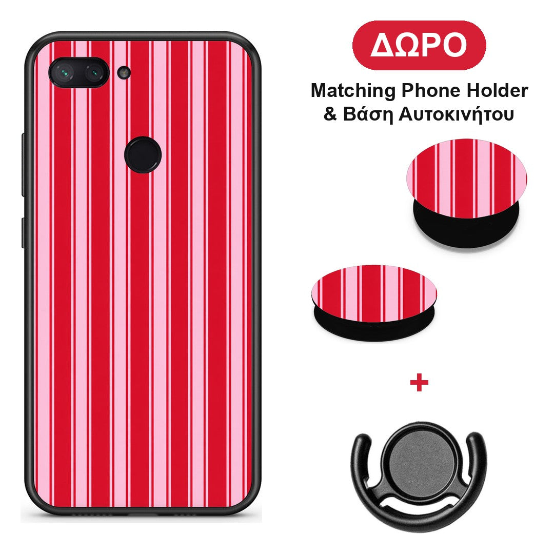 Red and Pink Vertical Pinstripes - Xiaomi Mi 8 Lite θήκη + Δώρο Phone Holder & Βάση Αυτοκινήτου