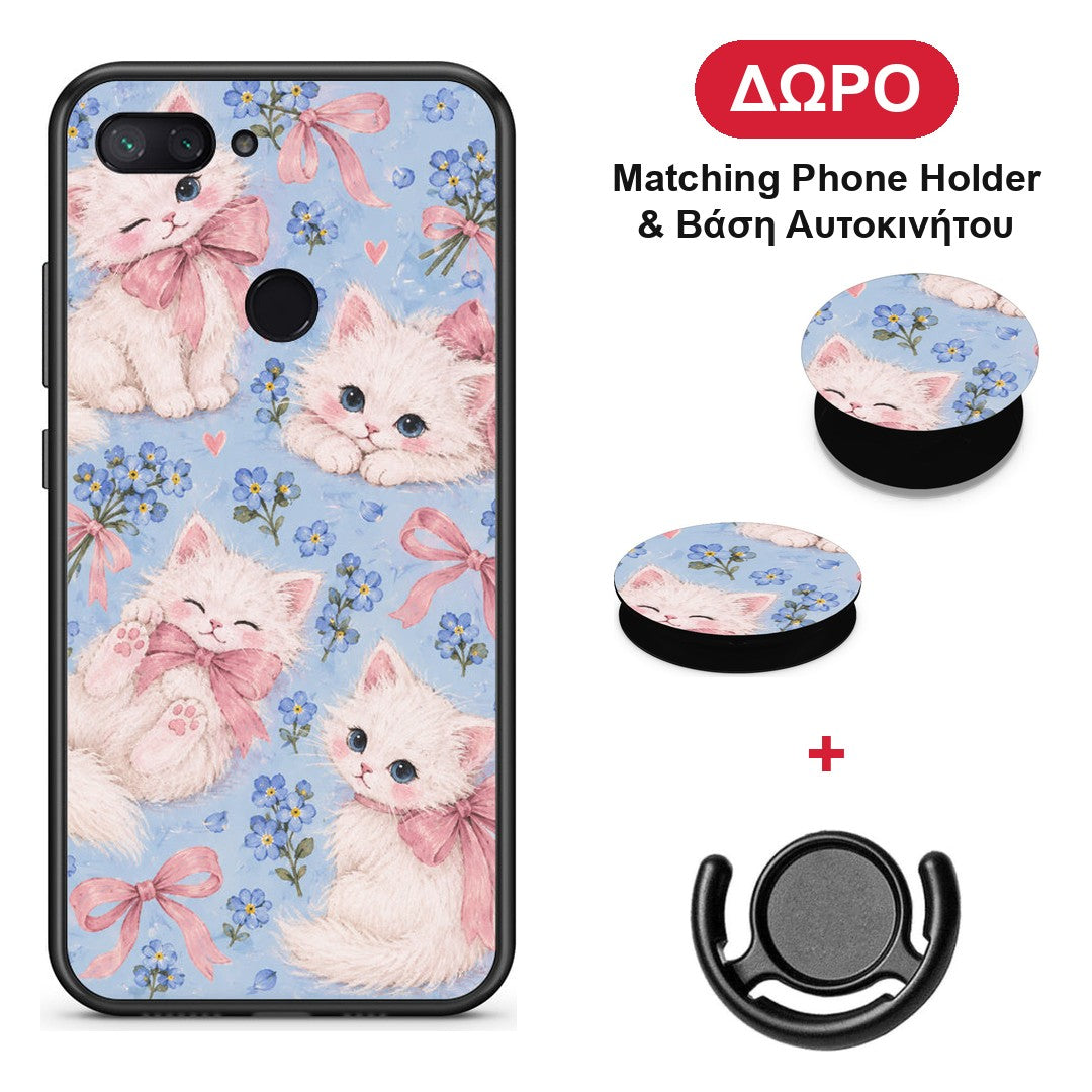 White Kittens and Blue Flowers Large - Xiaomi Mi 8 Lite θήκη + Δώρο Phone Holder & Βάση Αυτοκινήτου