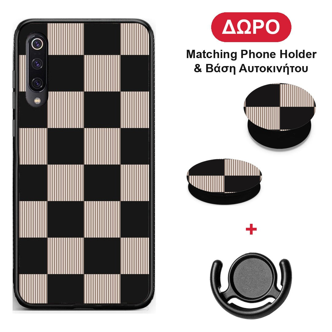 Black and Taupe Striped Checks - Xiaomi Mi 9 θήκη + Δώρο Phone Holder & Βάση Αυτοκινήτου