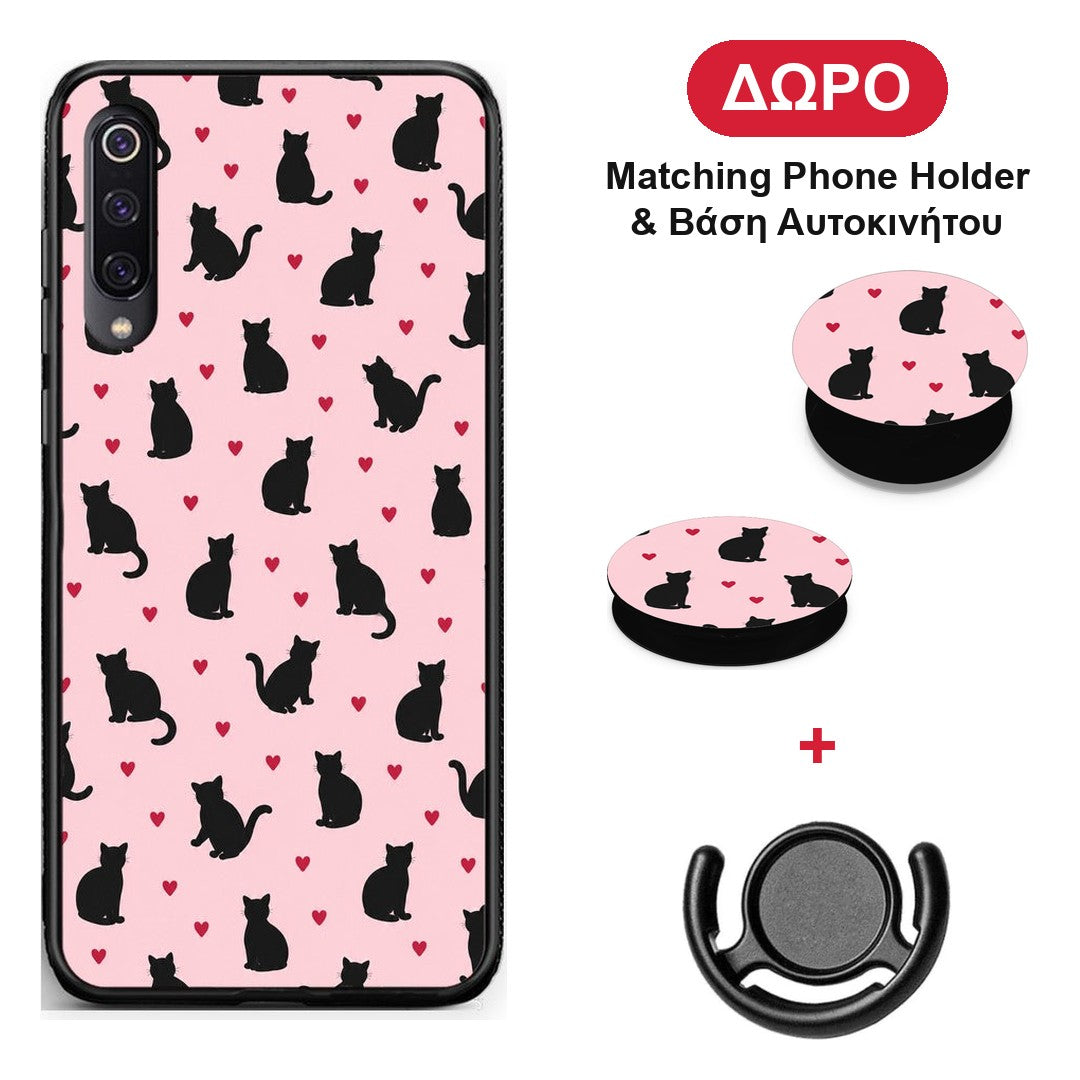 Black Cat Silhouettes and Hearts on Pink - Xiaomi Mi 9 θήκη + Δώρο Phone Holder & Βάση Αυτοκινήτου