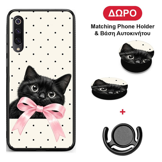 Black Kitten Pink Bow and Polka Dots - Xiaomi Mi 9 θήκη + Δώρο Phone Holder & Βάση Αυτοκινήτου