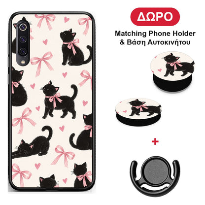 Black Kittens and Pink Bows on Cream Large - Xiaomi Mi 9 θήκη + Δώρο Phone Holder & Βάση Αυτοκινήτου