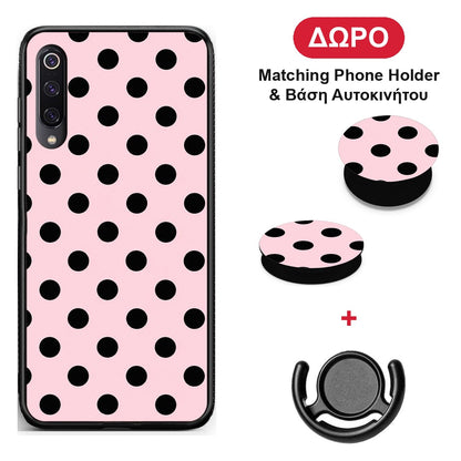 Black Polka Dots on Pink - Xiaomi Mi 9 θήκη + Δώρο Phone Holder & Βάση Αυτοκινήτου