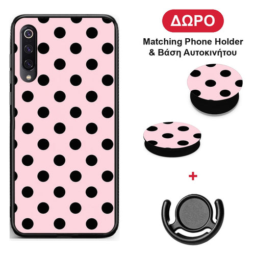Black Polka Dots on Pink - Xiaomi Mi 9 θήκη + Δώρο Phone Holder & Βάση Αυτοκινήτου