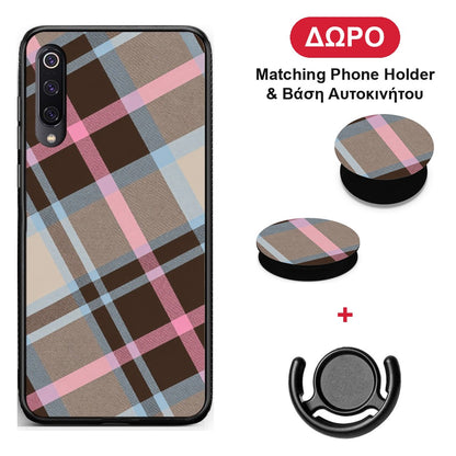 Brown Pink and Blue Diagonal Plaid - Xiaomi Mi 9 θήκη + Δώρο Phone Holder & Βάση Αυτοκινήτου