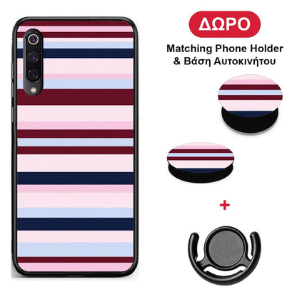 Burgundy Pink and Blue Horizontal Stripes - Xiaomi Mi 9 θήκη + Δώρο Phone Holder & Βάση Αυτοκινήτου
