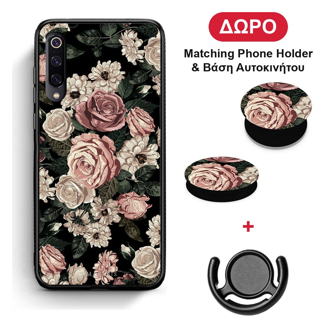 Flower Wild Roses - Xiaomi Mi 9 θήκη + Δώρο Phone Holder & Βάση Αυτοκινήτου