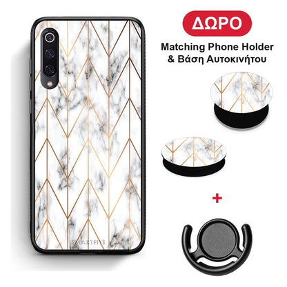 Marble Gold Geometric - Xiaomi Mi 9 θήκη + Δώρο Phone Holder & Βάση Αυτοκινήτου