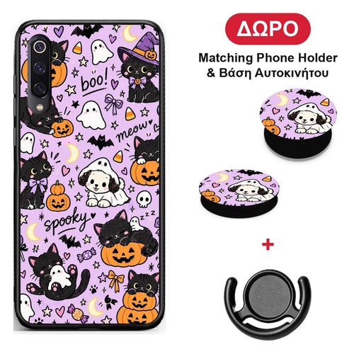 Halloween Black Cats on Lilac - Xiaomi Mi 9 θήκη + Δώρο Phone Holder & Βάση Αυτοκινήτου