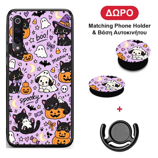Halloween Black Cats on Lilac - Xiaomi Mi 9 θήκη + Δώρο Phone Holder & Βάση Αυτοκινήτου
