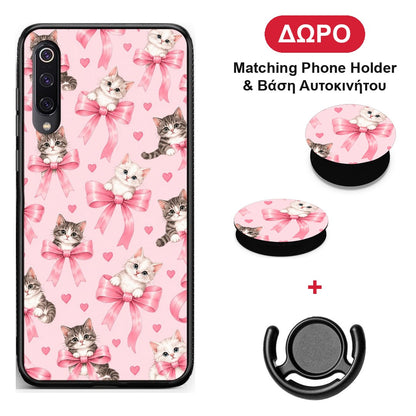 Kittens and Pink Bows on Pink - Xiaomi Mi 9 θήκη + Δώρο Phone Holder & Βάση Αυτοκινήτου